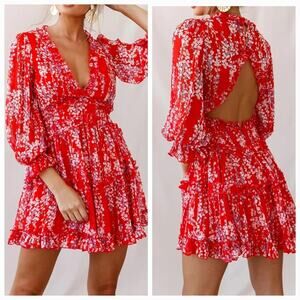 R.Vivimos Long Sleeve Floral Boho Mini Dress in Red Floral